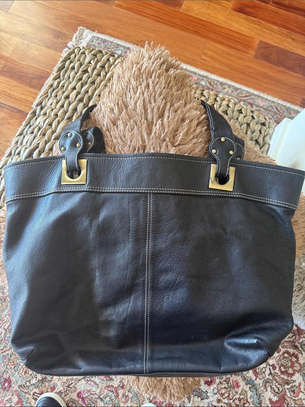 Classic Black Leather Tote with Brass Accents